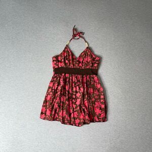 Santiki Women’s Vintage Pink Floral Print Beaded Halter Neck Tie Babydoll Top